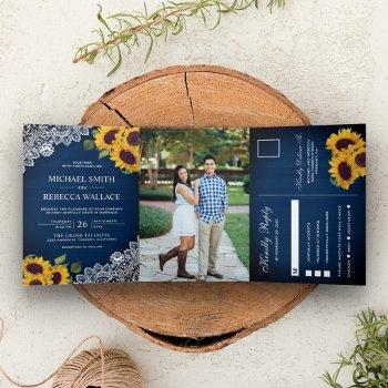 Small Rustic Navy Blue Wood Lace Sunflower Wedding Photo Tri-fold Front View