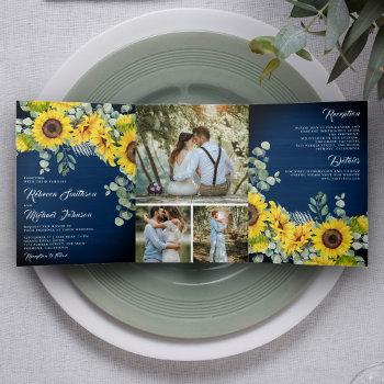 Small Rustic Navy Blue Wood Sunflower Eucalyptus Wedding Tri-fold Front View