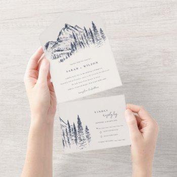 rustic navy pine woods mountain sketch wedding all in one invitation