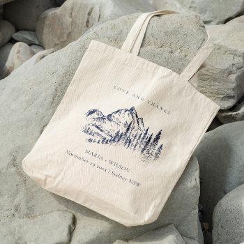 Small Rustic Navy Pine Woods Mountain Sketch Wedding Tote Bag Front View