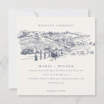 rustic navy winery mountain sketch wedding invite