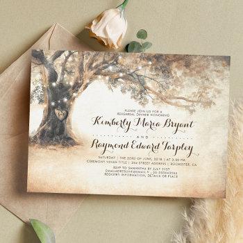rustic oak tree and carved heart rehearsal dinner invitation