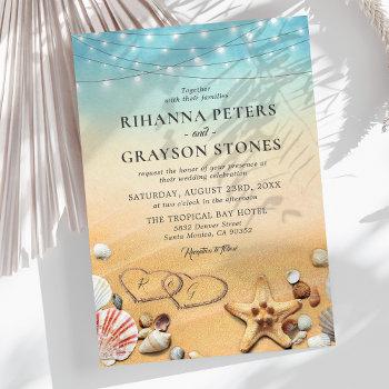 rustic ombre beach heart shore wedding invitation