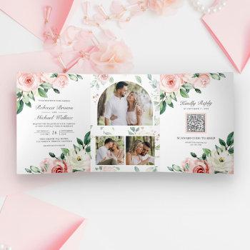 rustic peach floral all in one qr code wedding tri-fold invitation