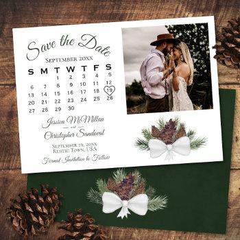 rustic pinecones wedding calendar & photo save the date