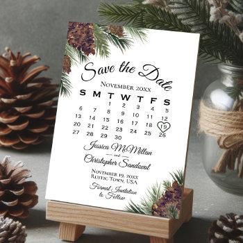 Small Rustic Pinecones Winter Greenery Calendar Wedding Save The Date Front View