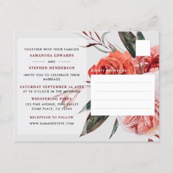 rustic pink/peach/red watercolor floral wedding invitation postcard