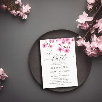 rustic pink spring cherry blossoms at last wedding invitation