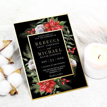 rustic poinsettia floral black christmas wedding foil invitation
