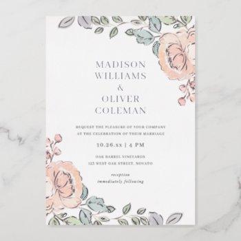 rustic + pretty watercolor floral wedding real foil invitation