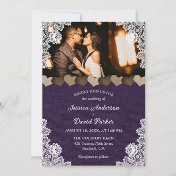 rustic purple burlap and lace wedding photo invitation