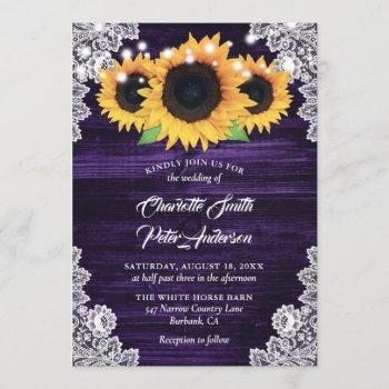 rustic purple burlap lace sunflower wedding invitation