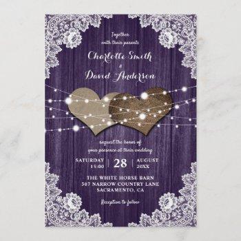 rustic purple wood burlap lace wedding invitation