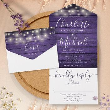 rustic purple wood string lights monogram wedding all in one invitation