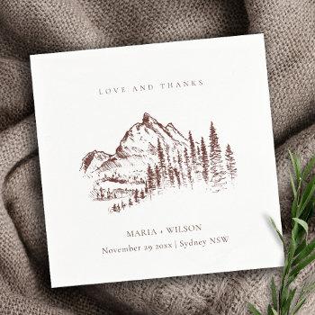 Small Rustic Rust Pine Woods Mountain Sketch Wedding Napkins Front View