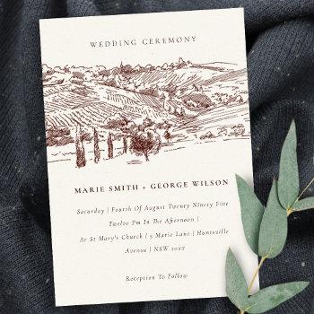 Small Rustic Rust Winery Mountain Sketch Wedding Invite Front View