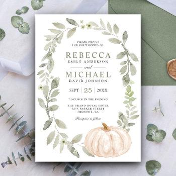 rustic sage green leaves white pumpkin wedding invitation
