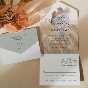 rustic sage green photo wedding all in one invitation