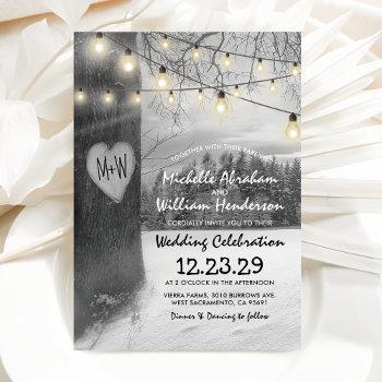 rustic silver winter tree twinkle lights wedding invitation