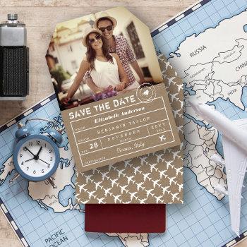 Small Rustic Stamp Destination Wedding Luggage Tag Photo Save The Date Front View