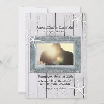 rustic starfish & weathered wood photo wedding invitation