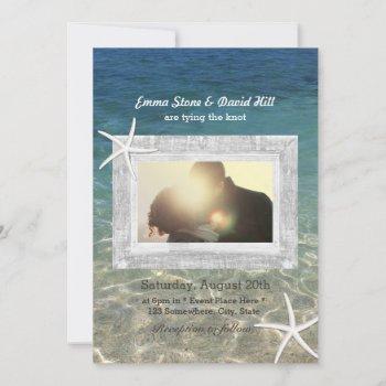 rustic starfish wood framed photo beach wedding invitation