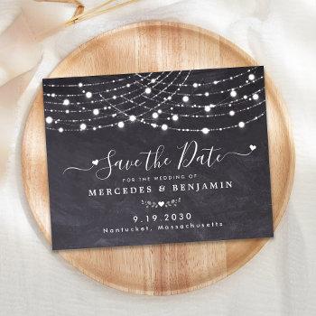 Small Rustic String Lights Wedding Save The Date Slate Note Front View