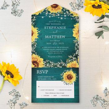 rustic sunflower babys breath border teal wedding all in one invitation