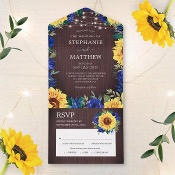rustic sunflower blue roses lights wedding all in one invitation