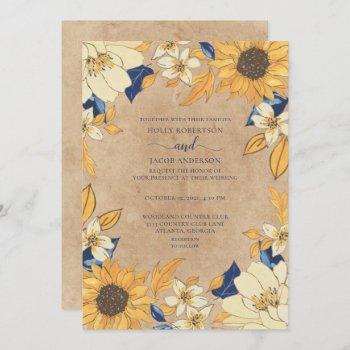 rustic sunflower blue yellow floral wedding invitation