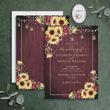 rustic sunflower burgundy wood floral wedding invitation