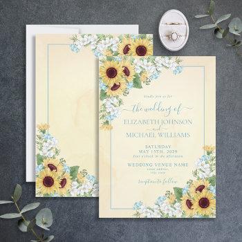 rustic sunflower dusty blue yellow floral wedding invitation