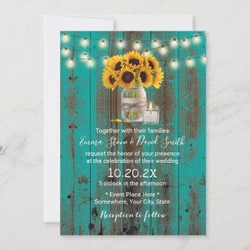 rustic sunflower floral jar teal barn wood wedding invitation