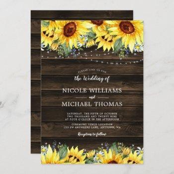 rustic sunflower floral string lights wedding invitation