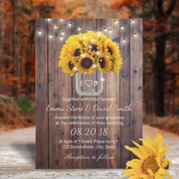 rustic sunflower jar string lights barn wedding invitation