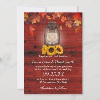 rustic sunflower lantern red barn fall wedding invitation