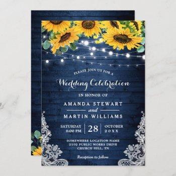 rustic sunflower navy blue string lights wedding invitation