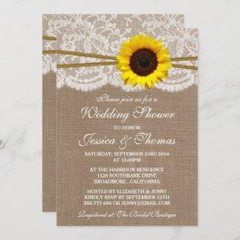 rustic sunflower on burlap & lace wedding shower invitation