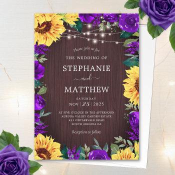 rustic sunflower purple floral lights wedding invitation