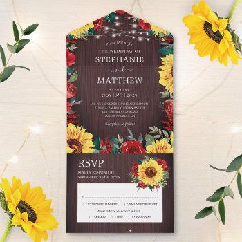 rustic sunflower red roses lights wedding all in one invitation