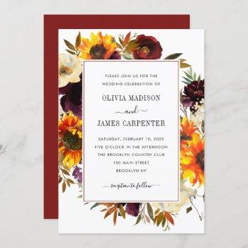 rustic sunflower rose burgundy floral fall wedding invitation