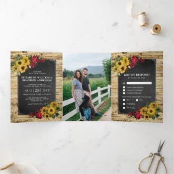 rustic sunflower & roses wedding tri-fold invitation