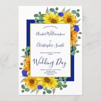 rustic sunflower royal blue roses country wedding invitation