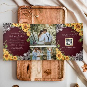 rustic sunflowers burgundy wood qr code wedding tri-fold invitation