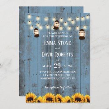 rustic sunflowers & lanterns dusty blue wedding  invitation