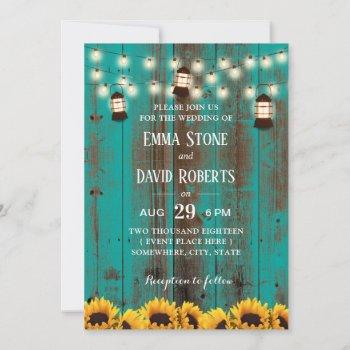 rustic sunflowers & lanterns teal barn wedding invitation