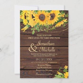 rustic sunflowers lights on wood christian wedding invitation