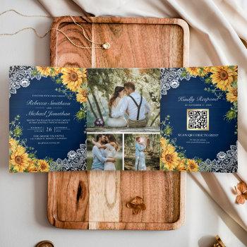 Small Rustic Sunflowers Navy Blue Wood Qr Code Wedding Tri-fold Front View