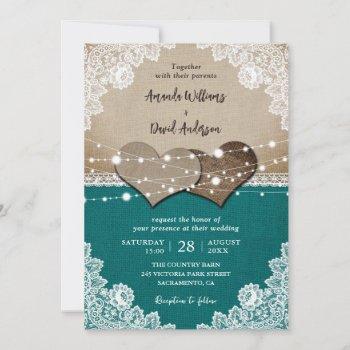 rustic teal burlap lace string lights wedding invitation