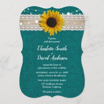 rustic teal burlap lace sunflower wedding invitation